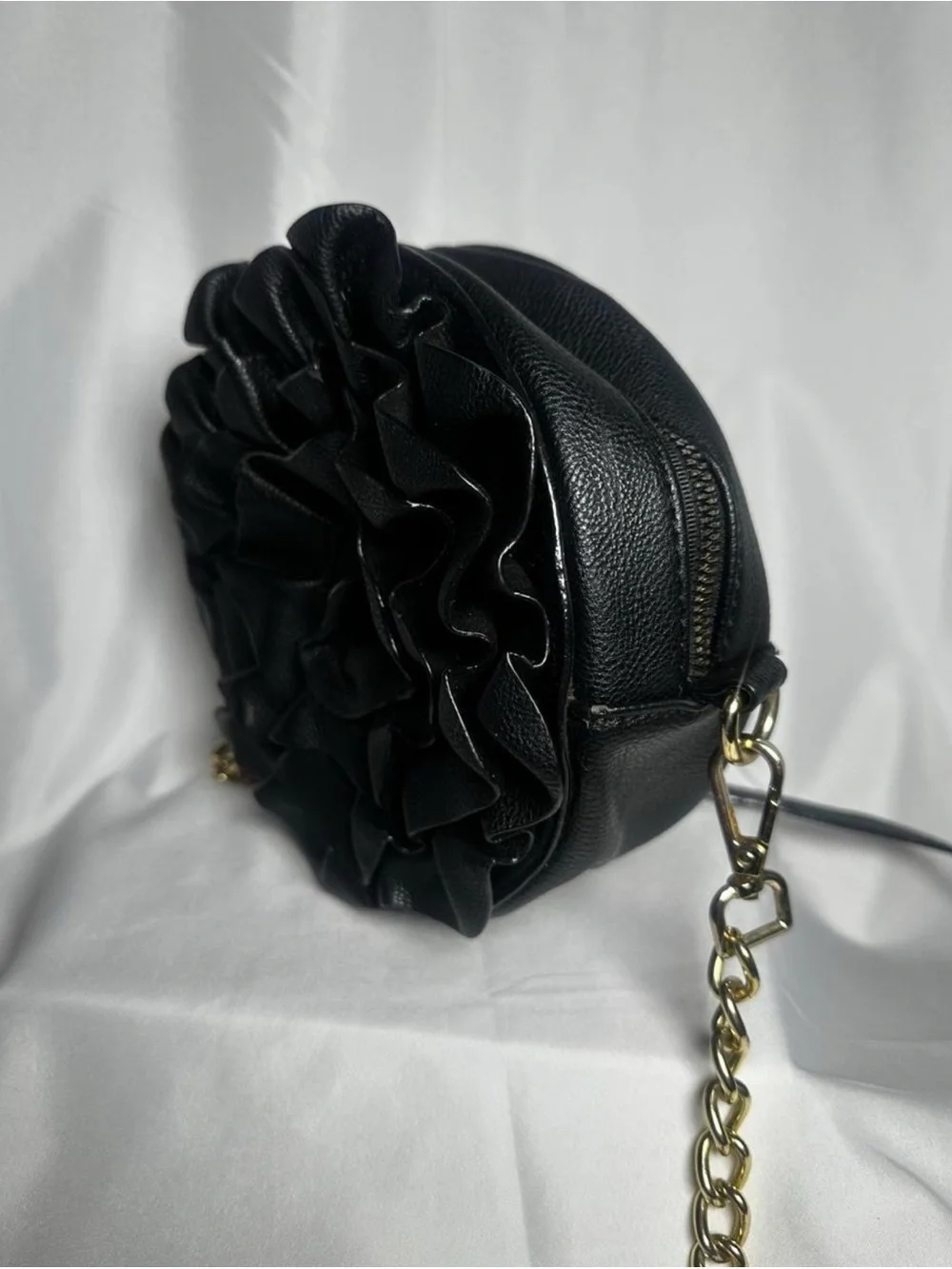 Black Ruffle Crossbody Bag with Gold Hardware